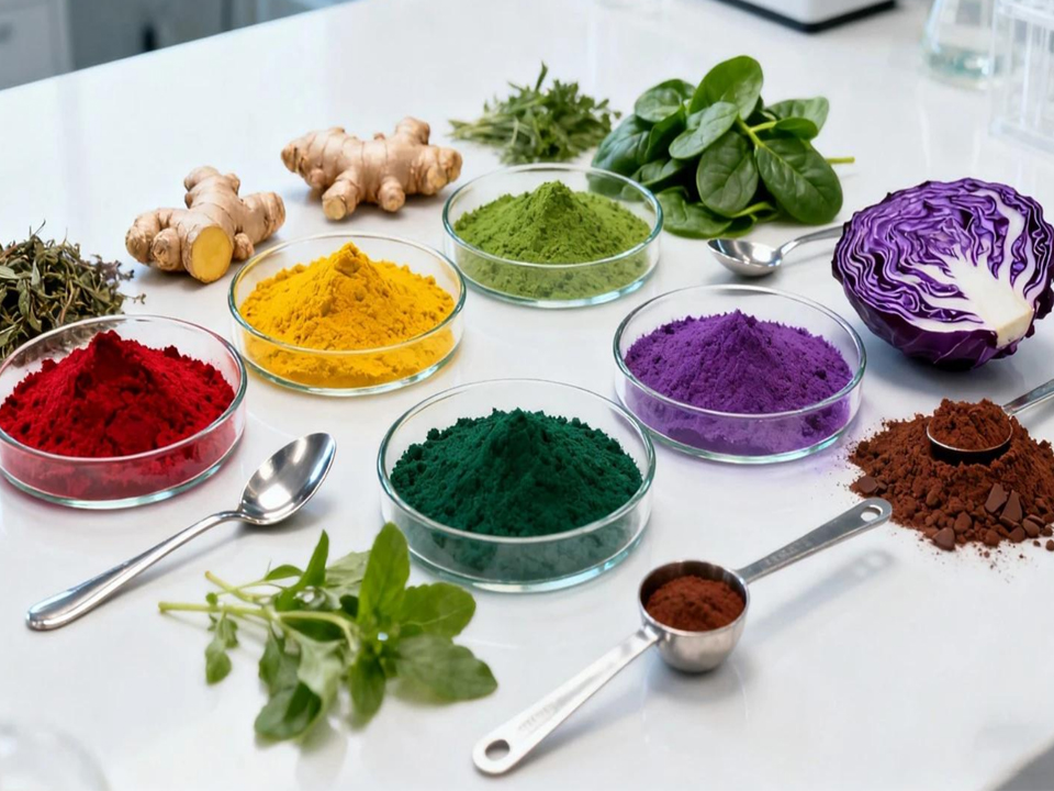 Assorted botanical powder samples illustrating different types of plant ingredients used in supplement manufacturing.