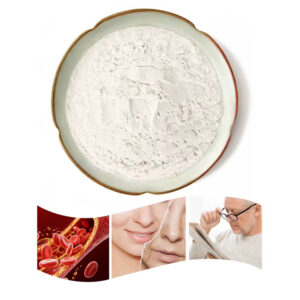 Off-white trans-resveratrol powder in a ceramic dish above illustrations of blood cells, facial skin and an older man reading