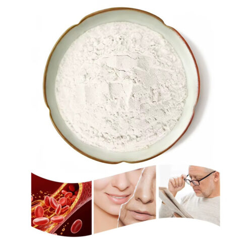 Off-white trans-resveratrol powder in a ceramic dish above illustrations of blood cells, facial skin and an older man reading